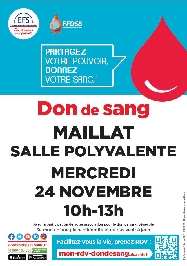 Don du Sang le 24/11 a Maillat