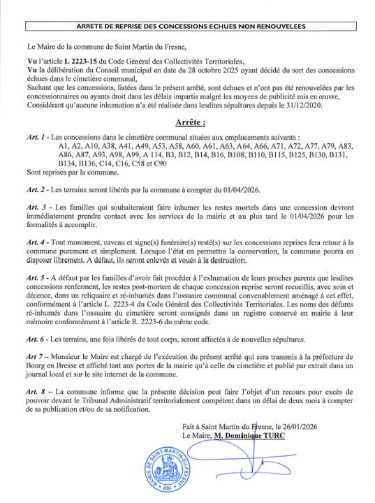 ARRETE DE REPRISE DES CONCESSIONS ECHUES NON RENOUVELEES