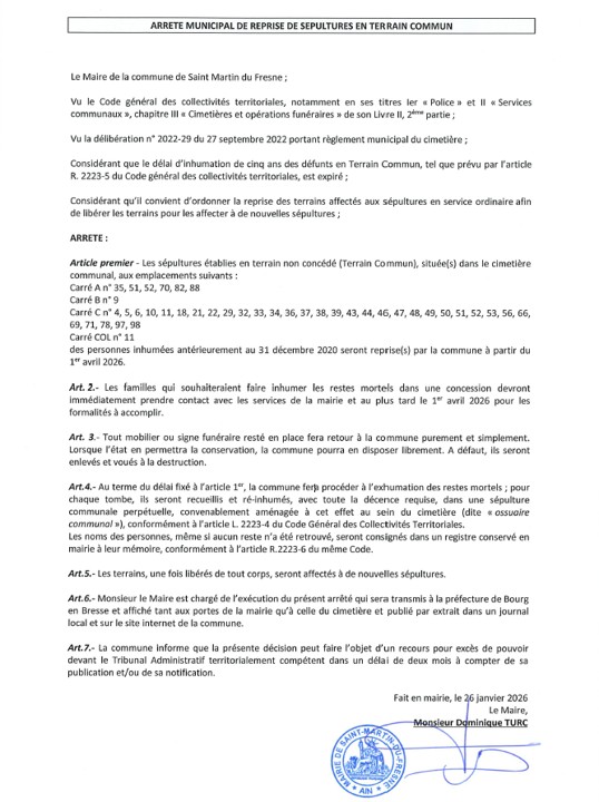 ARRETE MUNICIPAL DE REPRISE DE SEPULTURES EN TERRAIN COMMUN